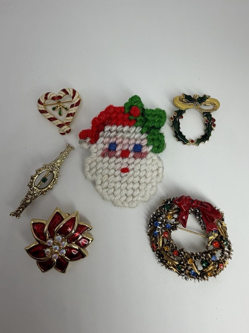 Christmas Holiday Brooch Lot of 5 Enamel Pins Poinsettia Wreath Candy Cane Santa
